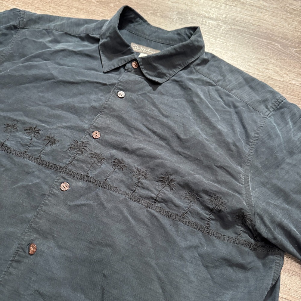 Quiksilver Shirt Mens XXL Black Polynosic Palm Tree Embroidered Waterman Aloha